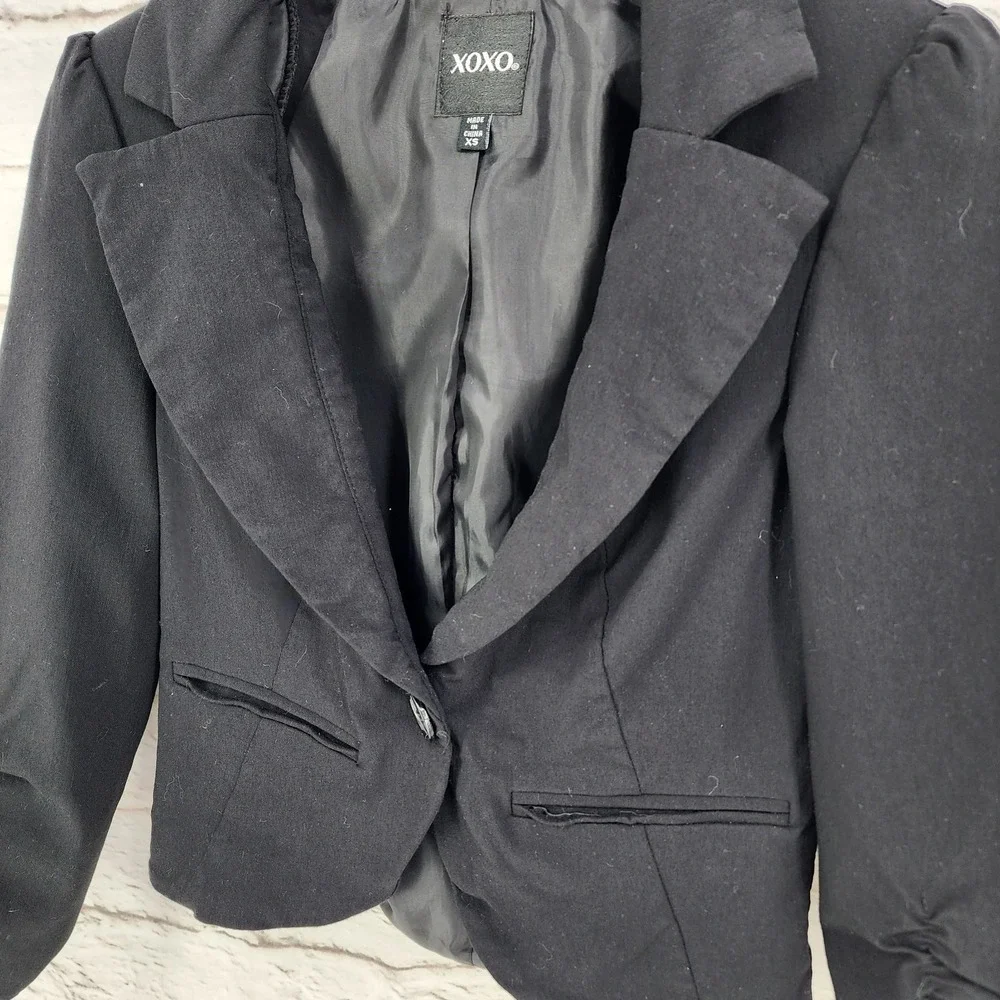 Vintage Y2K Crop Blazer Jacket Office Vixen Brat Black Plunge Scrunch‎ Sleeve XS